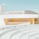 A concrete block stair and wall, its coursing running the full width of the frame