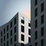 A person photographing a concrete building, camera raised towards the facade